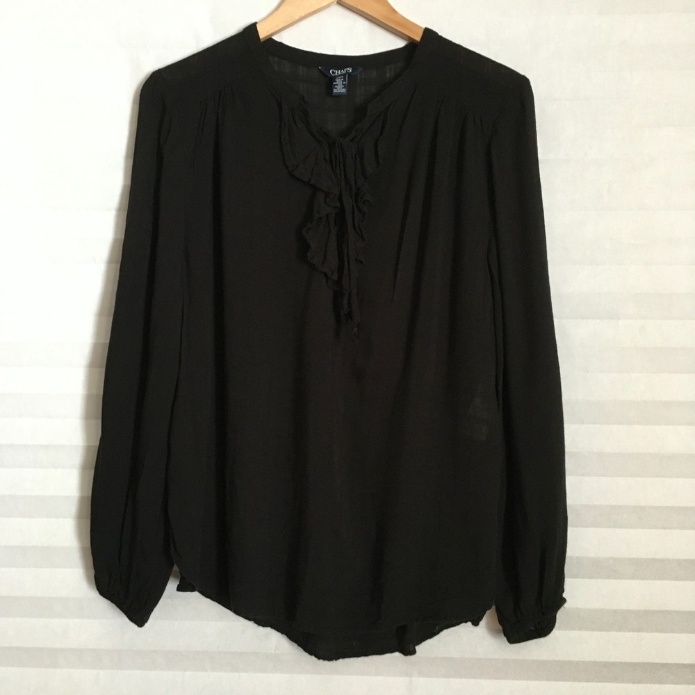 Chaps Womens Blouse Top Size M Pull Over Long Sleeve Ruffle Neck Black